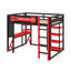 Lit mezzanine en bois avec bureau et lumière RVB, port USB, prise de courant, planche de suspension, tablettes et garde-corps-318908466