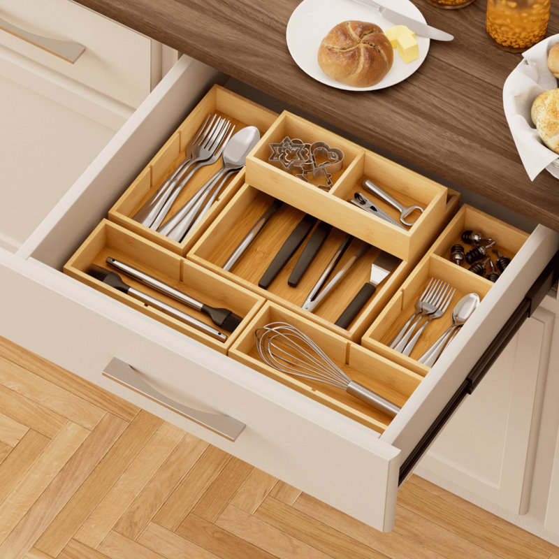Drawer Organizers 10 Pack(22 Grid) With 12 Inserts, Adjustable Bamboo Wooden Drawer Dividers, Stackable Storage Box For Utensils, Silverware, Makeup, Junk In Kitchen/bathroom/office/vanity