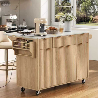 White 55.5" Rolling Fluted Kitchen Island