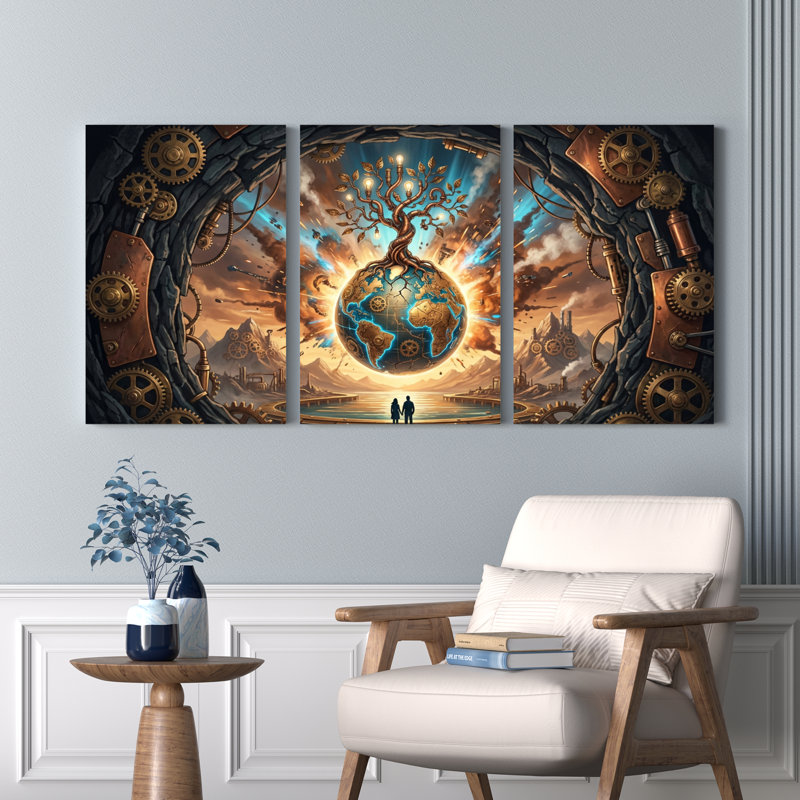 Ensemble de 3 tableaux muraux Steampunk Arbre de Vie Globe Terre sur toile tendue, pour salon, chambre et décoration intérieure