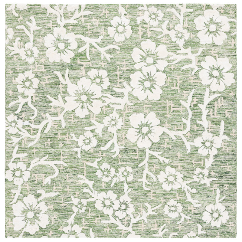Stiliani Hand Tufted Wool/Viscose/Cotton Floral Rug in Ivory/Green, Square 6'