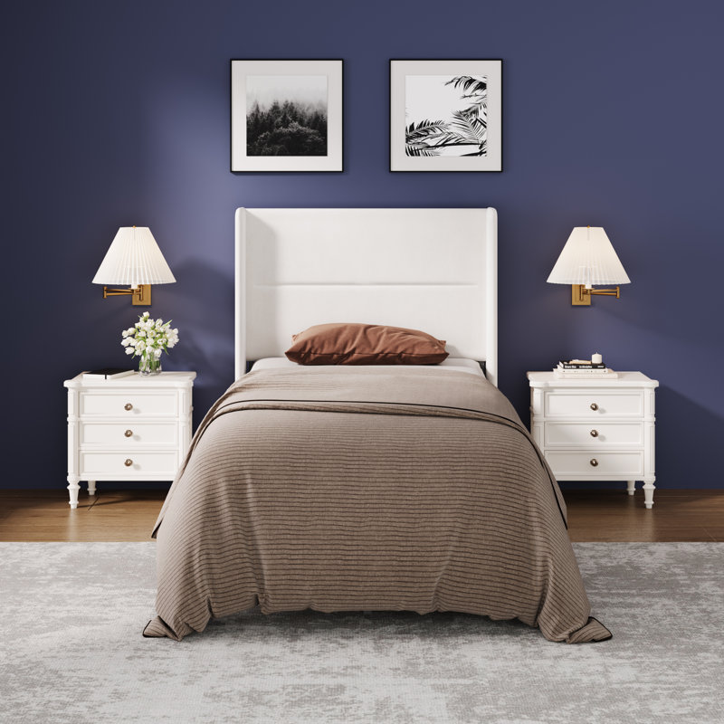 Twin Bed Frames with Wingback Headboard, Velvet Upholstered Platform Bed Frame with Sturdy Wooden Slats Support, No Box Spring Needed, Easy Assembly, White