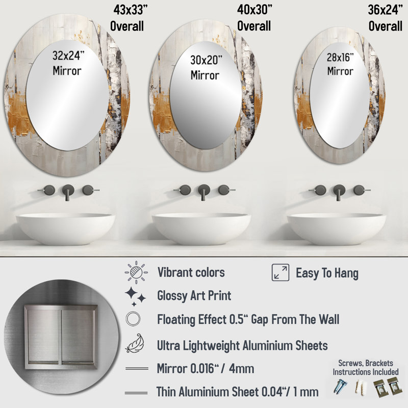Tree Monochrome Whispers Of Gray III - Gold Oval Wall Mirror Decor, 36" x 24"