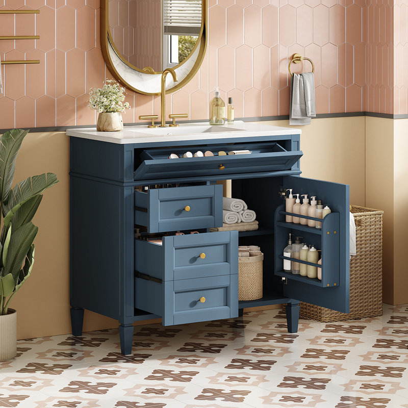 Meuble-lavabo de 36 po avec lavabo supérieur, meuble-lavabo moderne avec 2 tiroirs et tiroir escamotable, meuble-lavabo simple