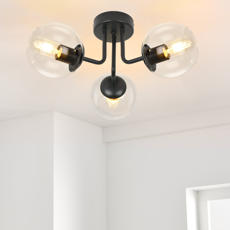 3-Light Modern Globe Glass Semi Flush Mount, Black