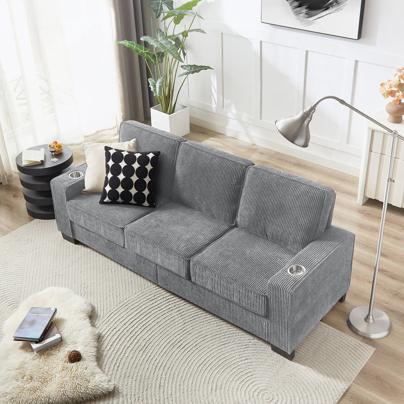 Canapé confortable à trois places compressé pour différentes pièces, améliorant l'espace de vie., Velours côtelé gris