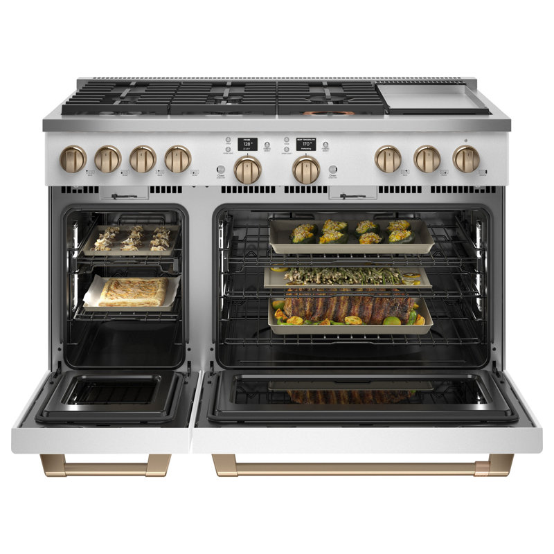 Café 48" Dual Fuel Sealed Burners Double Oven, Matte White, Brushed Bronze