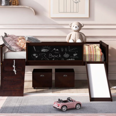 Twin Loft Bed - . Include Two Storage Boxes. Built With Pine Wood. Climbing Frame & Rope Joy. Double Chalkboard Expressive. Slide For Quick Evacuation Storages. Wood, Adventure. Chalkboard, Unleash