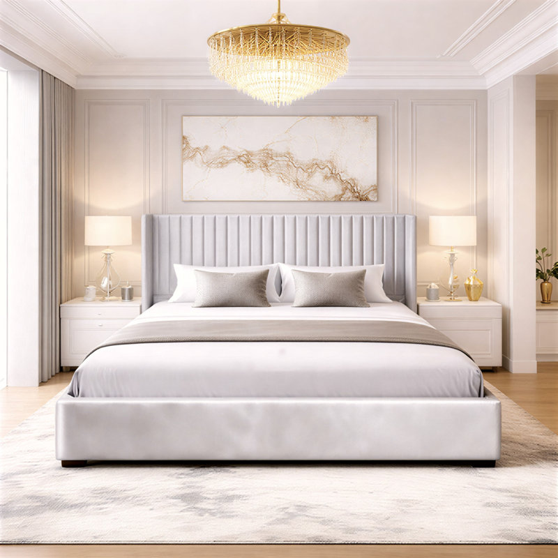 Premium Plush Bed Frame – Elegant Padded Bed with 48” Statement Headboard, Solid Wooden Bed – Contemporary Designer Finish