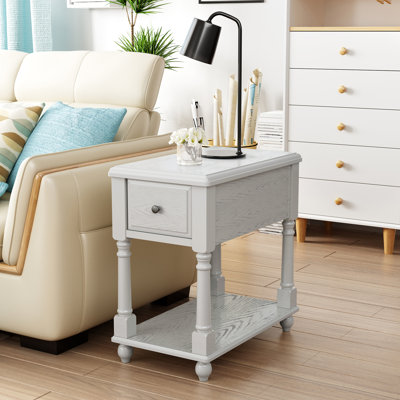 Montevideo Collection Mid-Century Modern Wood End Table with Drawer and Storage Shelf, Rectangular Veneer Side Table for Living Room, Bedroom and Small Spaces, Distressing White