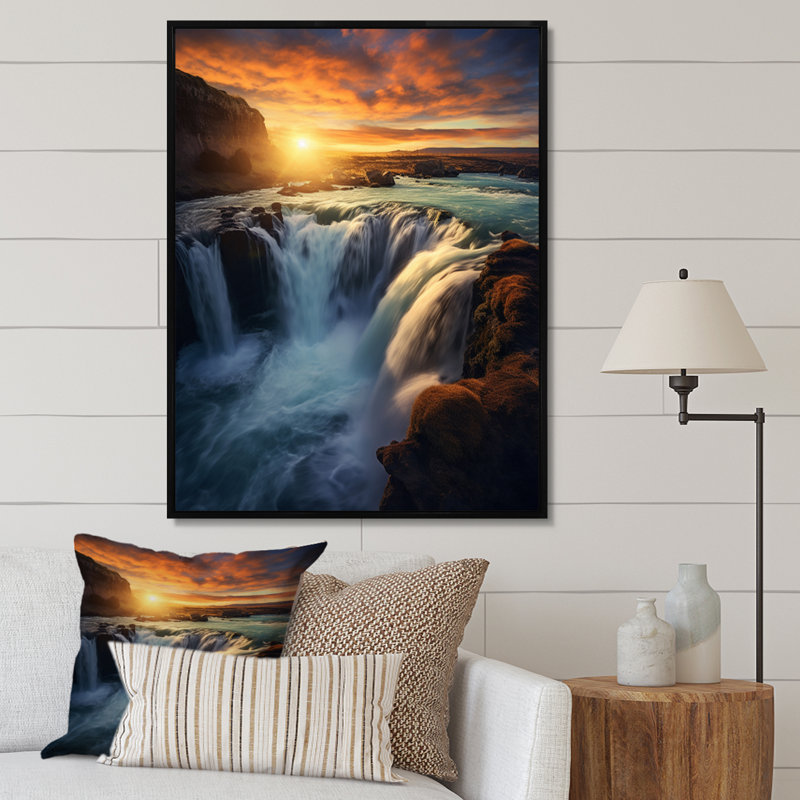 «Summery Sunset Over Majestic Waterfalls I», reproduction d'art sur toile, H 44 po x l 34 po x P 1,5 po, Cadre flottant noir