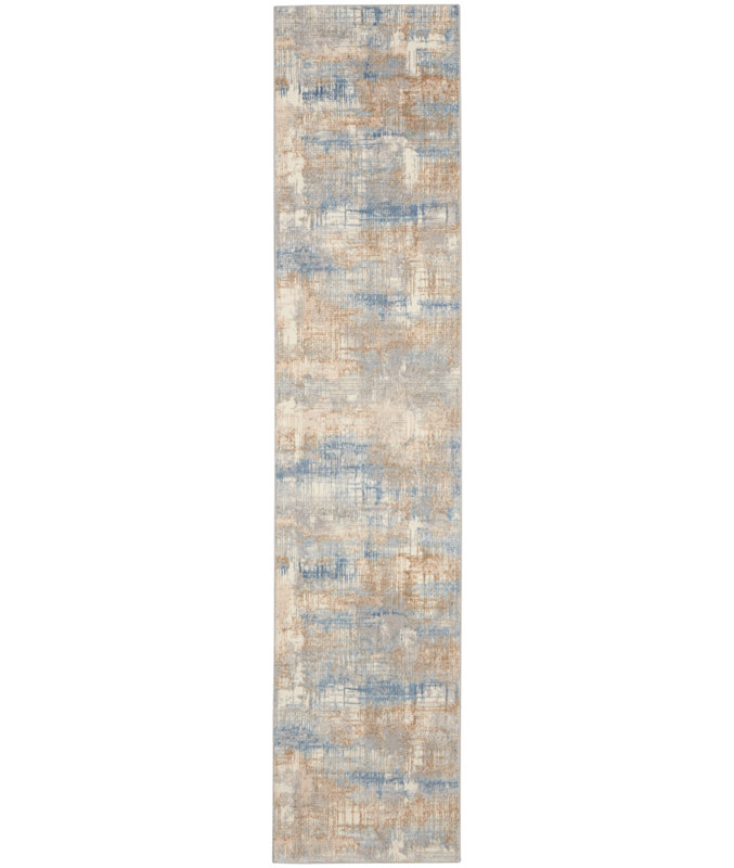 Tapis bleu / beige en laine et polyester tissé à la machine Southwestern, Tapis de couloir 2 pi 3 po x 10 pi