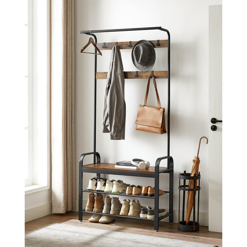 Hall Tree 33.1'' Wide With Bench And Shoe Storage, Rustic Brown/Black
