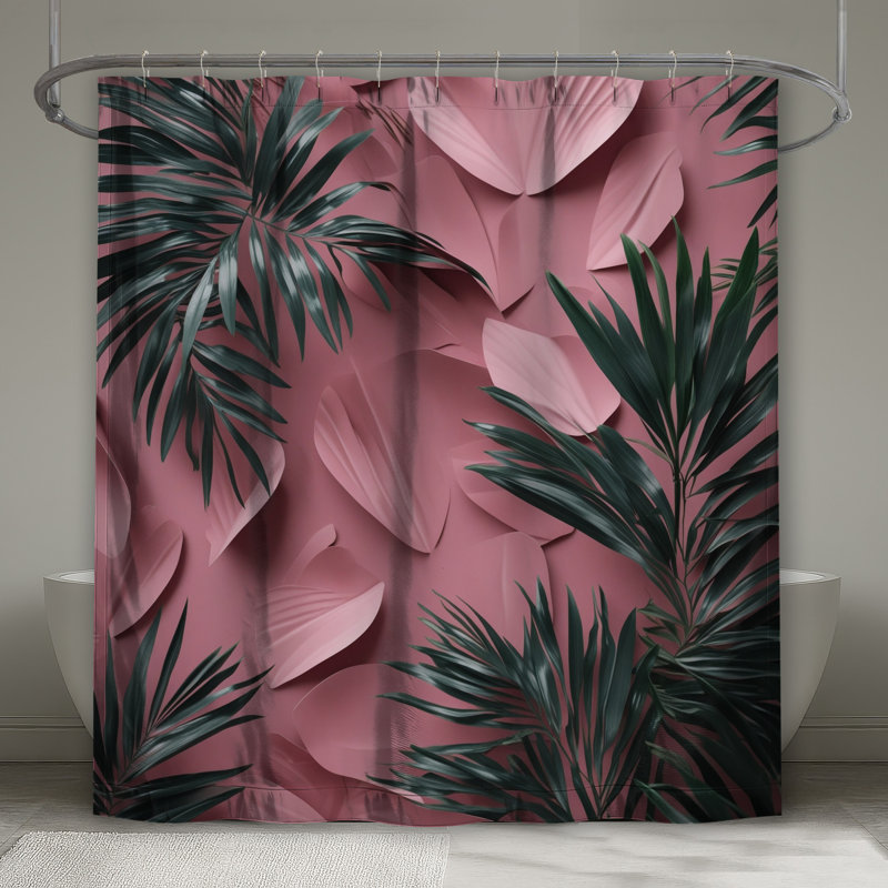 Rideaux de douche roses à feuilles de palmier tropicales extra longs, L 70 po x H 93 po