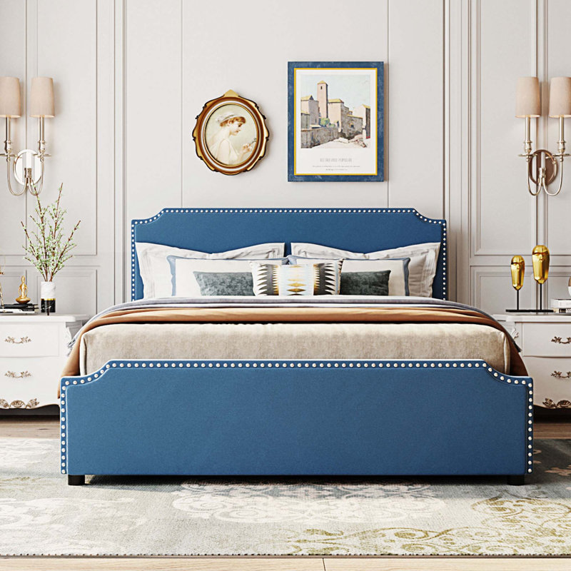 Grand lit plateforme de rangement tapissier, Bleu