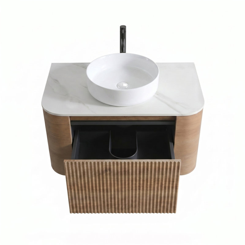 Meuble-lavabo Erba de 30 po avec lavabo, armoire murale en chêne miel avec porte-serviettes gratuit, lavabo simple en céramique blanche, sans drain et robinet, pré-assemblé