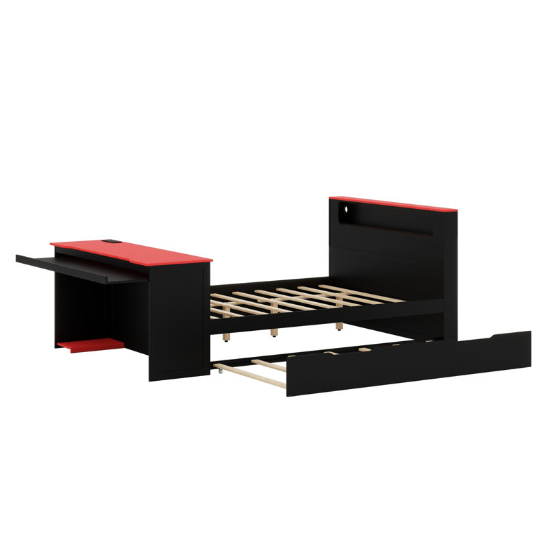 Lit de jour en bois avec couchette, bureau, lumières DEL et chargement USB, Noir et rouge