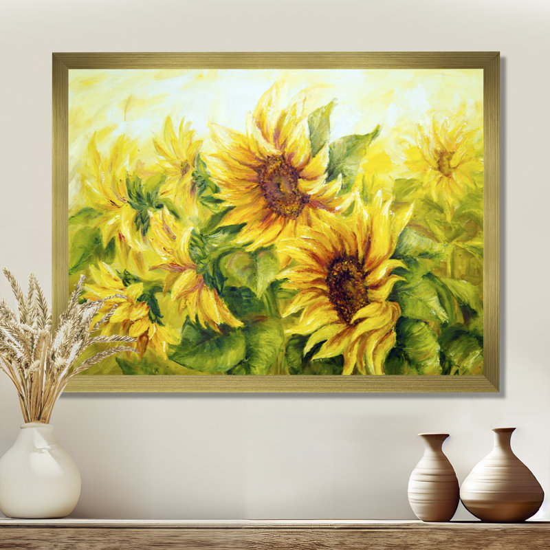 Bright Yellow Sunny Sunflowers - impression d'art graphique, H 16 po x l 32 po, Avec cadre, Doré