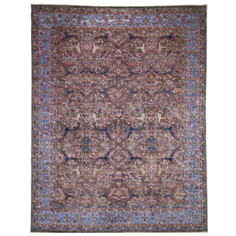 Tapis brun et bleu noué à la main de haute qualité