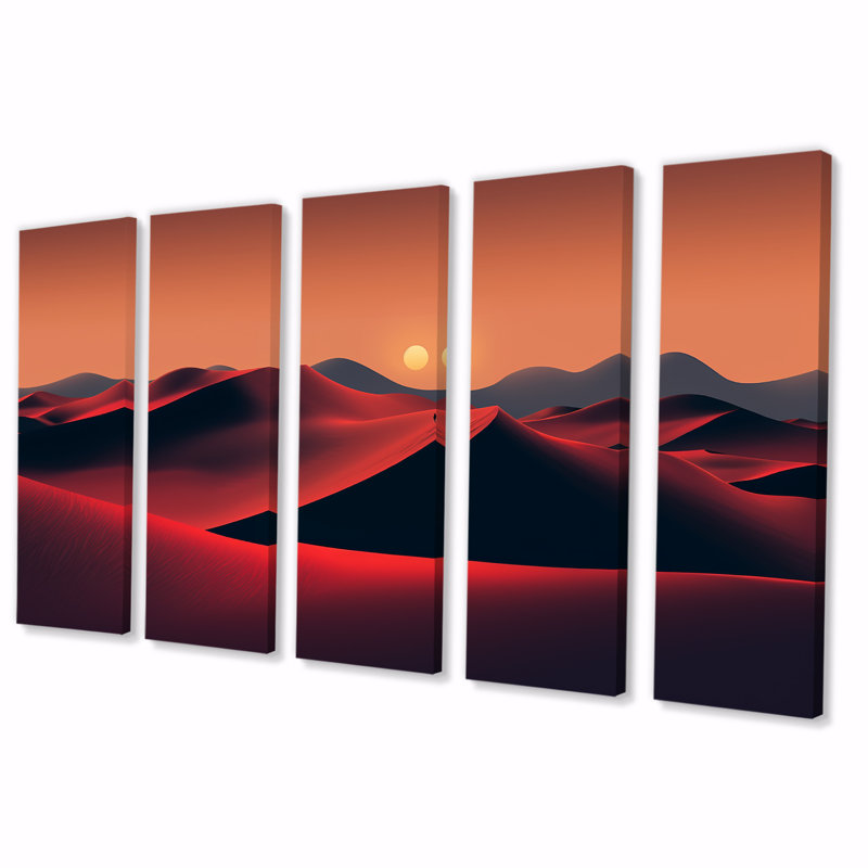 Black And Red Desert Sunrise Photo IV - Desert 5 Piece Wall Art For Living Room, 32" H x 80" W