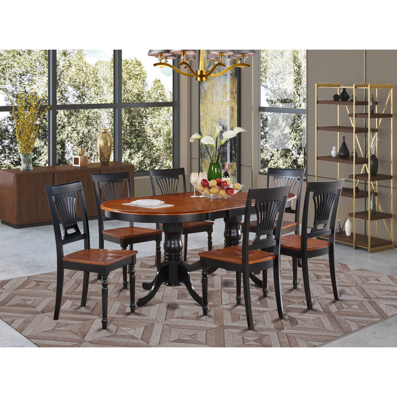 7 Piece Dining Room Table Set Consist of an Oval Kitchen Table with Butterfly Leaf and 6 Dining Chairs, Black & Cherry