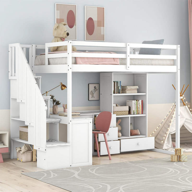 Lit mezzanine simple avec bureau en L et tiroirs, armoire et escalier de rangement
