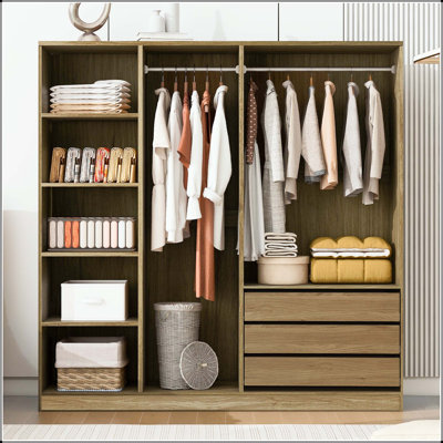 Armoire ouverte sans porte avec tablettes, tiroirs et tiges doubles
