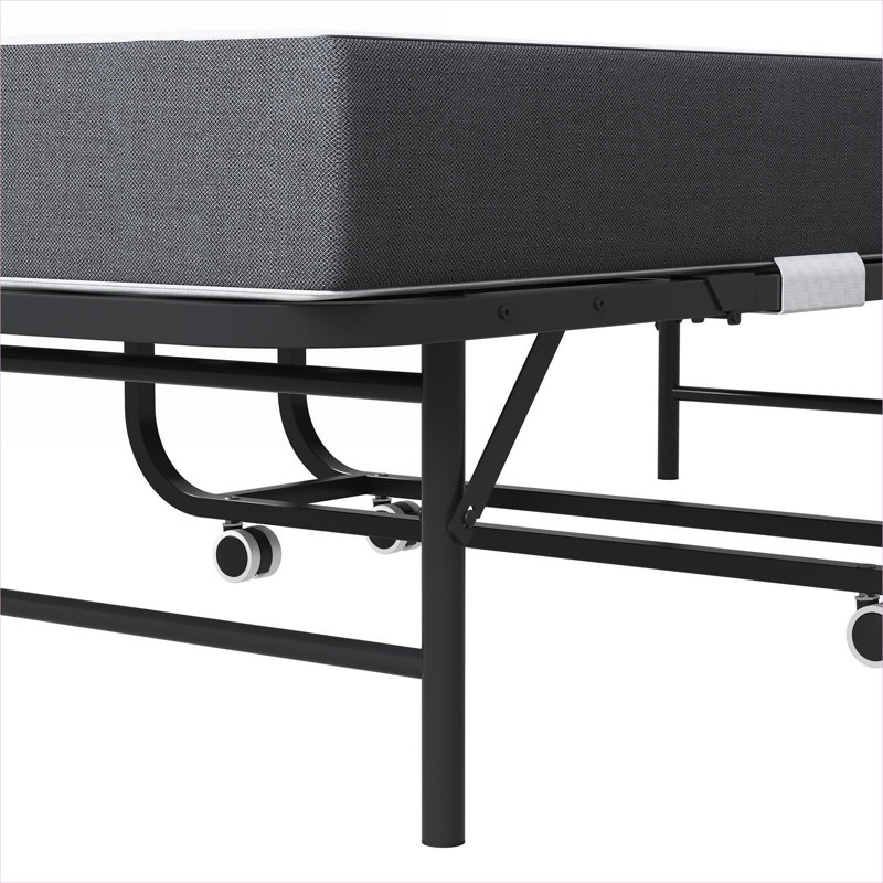 Lit escamotable pliant de 75 pouces, lit d'invité pour les petites maisons, taille simple réglable en métal noir avec roues