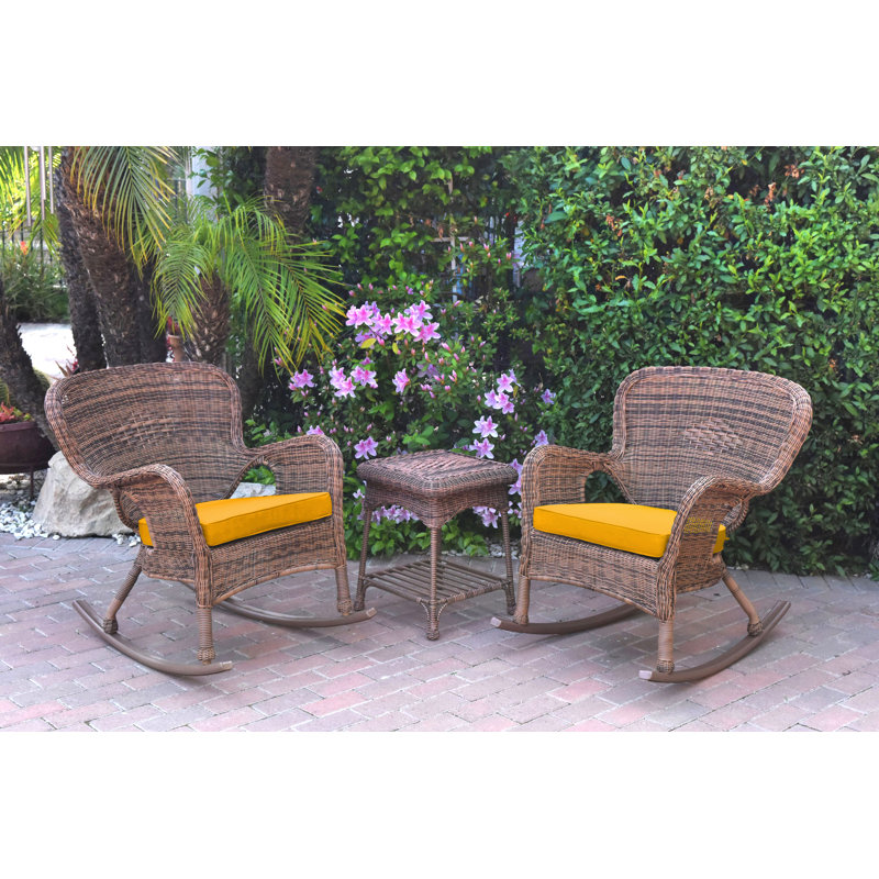 Windsor Resin Wicker Rocker Chair And End Table Set With Cushions, Tan, Honey