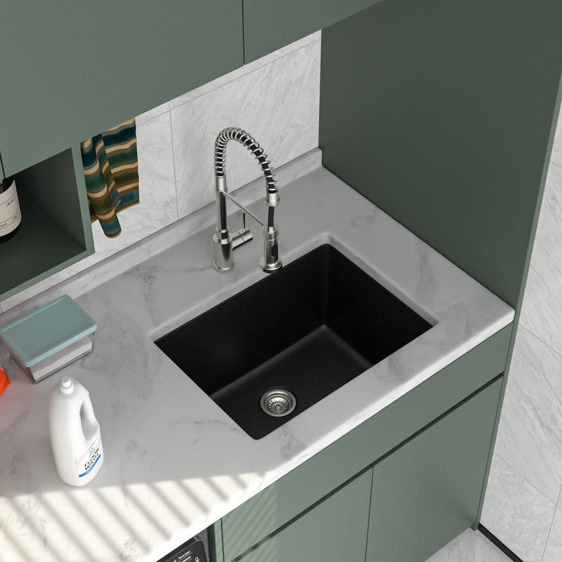 Évier utilitaire en composite de granite à cuve simple 24 po L x 18 po pour salle de lavage., Noir