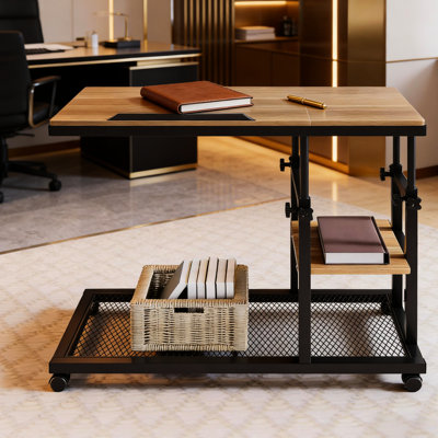 Table d'appoint mobile en C, réglable en hauteur et inclinable, avec plateau à roulettes, rangement latéral polyvalent, couleur chêne noir, structure en panneaux de particules métalliques, profondeur 81,5 cm, largeur 39,7 cm, hauteur 66 cm. Diagramme disponible.