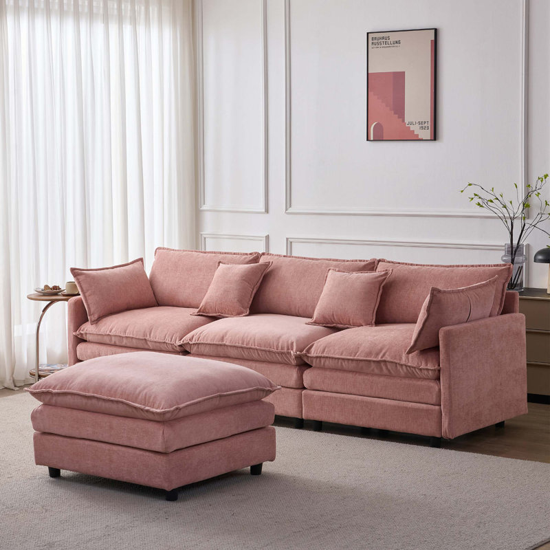 Canapé modulaire de 105 po en tissu de chenille rembourré de 105 po avec canapé à 3 places et repose-pieds, Chenille rose
