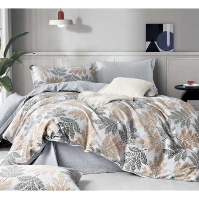Ensemble d'édredon réversible 100% coton à motif floral brun
