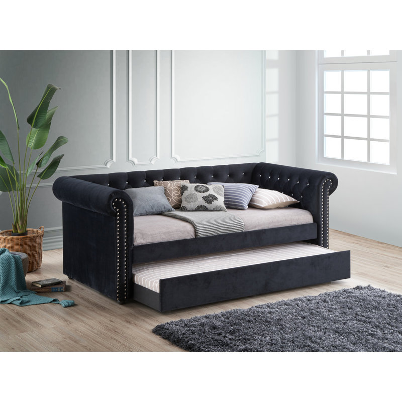 1pc Modern Aesthetic Beautifully Button Tufted Nailhead Trim Design Daybed Built-in pull-out Trundle Bed Living Space Guest Room Bedroom Black Twin