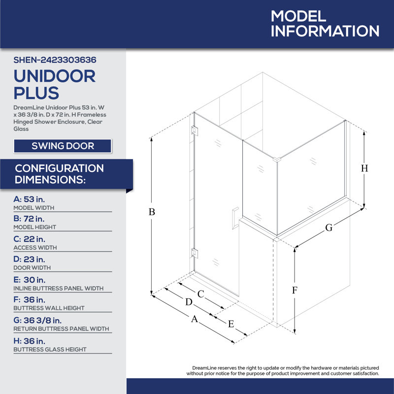 Unidoor Plus 53" W x 36.375" D x 72" H Frameless Pivot Rectangle Shower Enclosure with Fixed Panel, Brushed Nickel