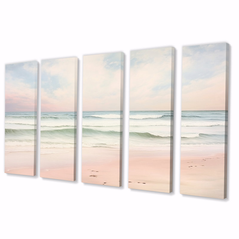 «Ocean Tranquility Tender Pink Pastel Sunrise I», reproduction d'art sur toile plage - 5 panneaux égaux
