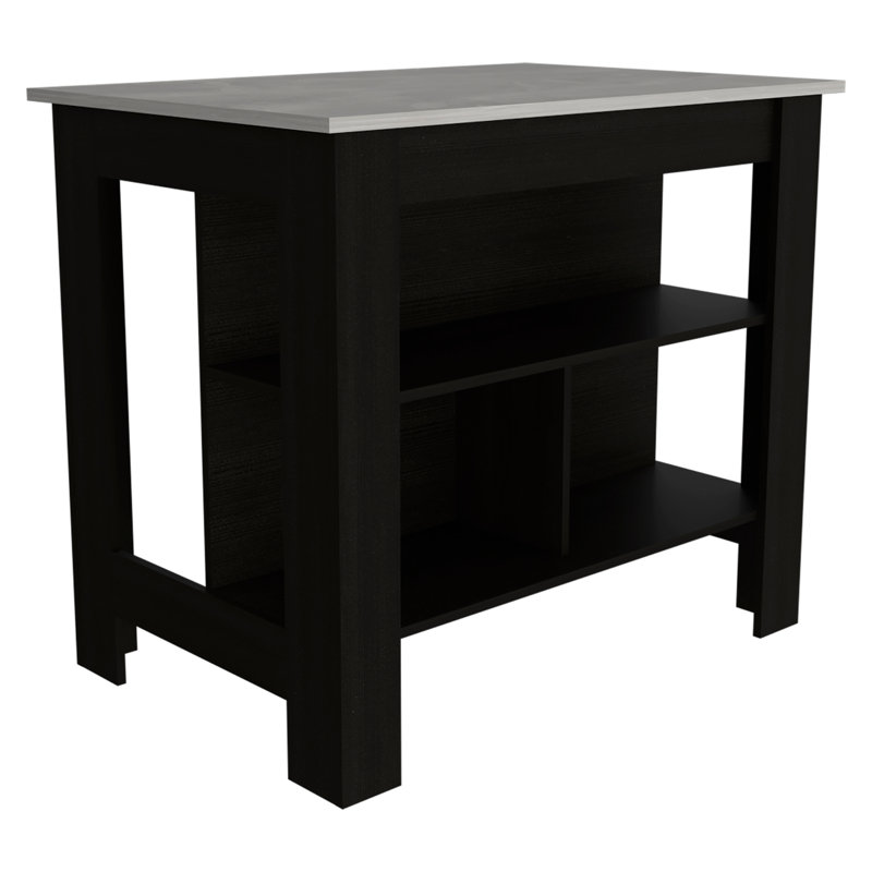 Îlot de cuisine à 3 tablettes noir et marbre Ibiza, Noir / marbre d'Ibiza