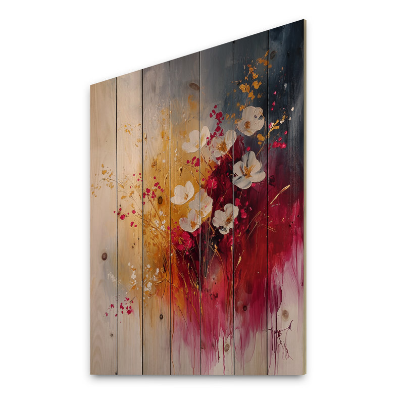 Fleur sauvage sur éclat d'encre II - Art mural en bois fleurs sauvages - sur bois de pin naturel