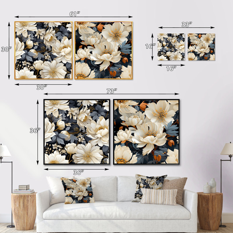 Lilie - Ensemble de 2 collages carrés floraux, Cadre flottant doré, H 30 po x l 61 po