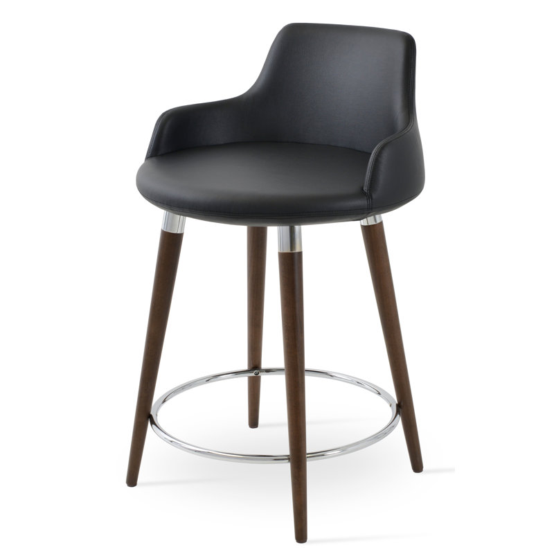 Tabouret de bar et de comptoir Dervish, Noyer américain, Similicuir noir, Tabouret de comptoir (siège d'une hauteur de 24,5