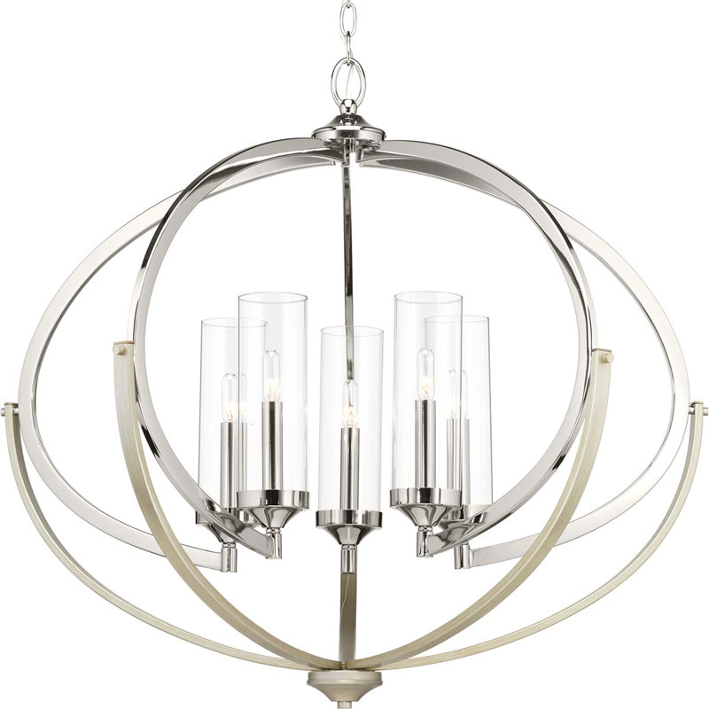 5 - Light Steel Dimmable Geometric Chandelier, Polished Nickel
