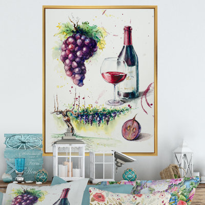 Raisins avec bouteille de vin - œuvre d'art sur toile traditionnelle