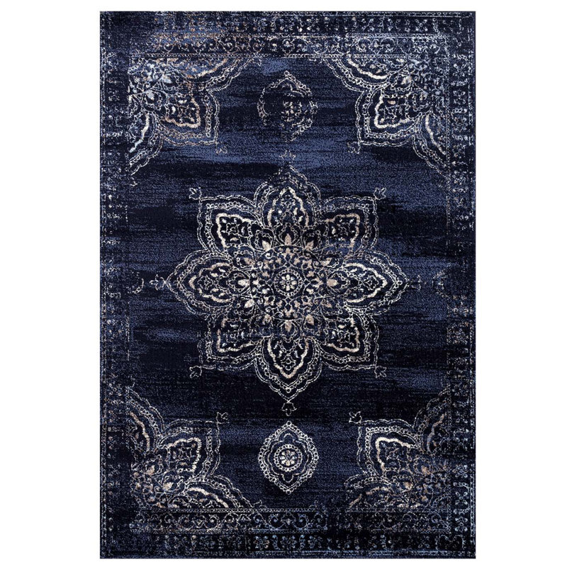 Tapis oriental bleu marine / ivoire, Rectangle 9 pi x 12 pi 5 po