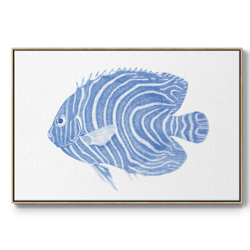 «Blue & White Tropical Fish II», peinture sur toile encadrée, Cadre en bois naturel, H 25 po x l 37 po x P 2 po