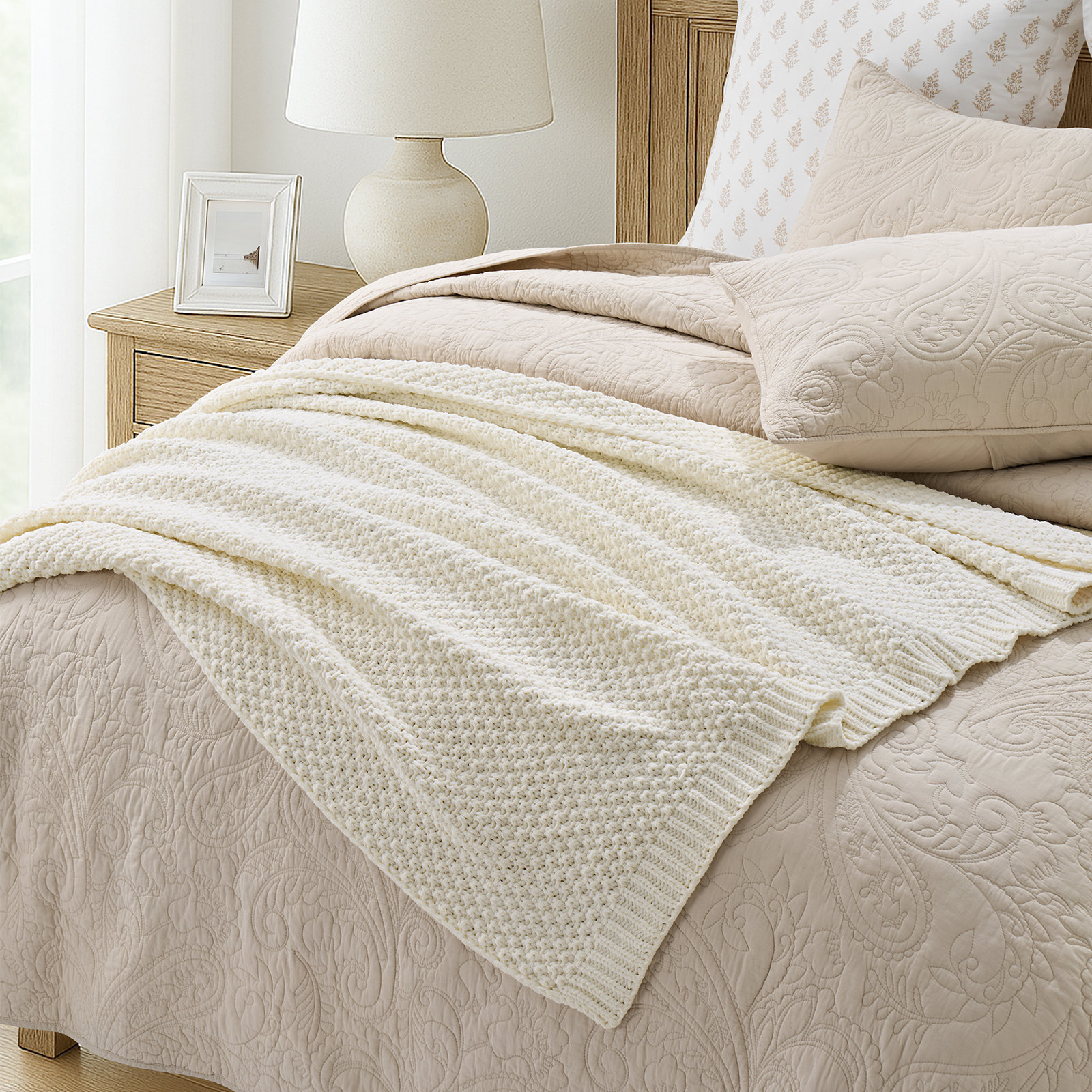 Chunky Chenille Knit Throw Blanket, Ivory White, 60" L x 50" W
