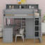Lit mezzanine en bois avec plusieurs tablettes de rangement et garde-robe-1237486768