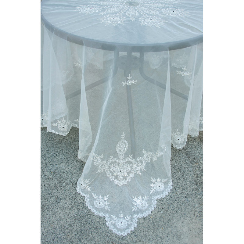 80" x 80" White Lace Embroidered Tablecloth with Beaded Accents