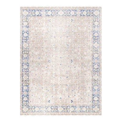Machine Washable South Collection Beige Blue Theme Border Motif Classical Patterned Vintage Decorative Area Rug