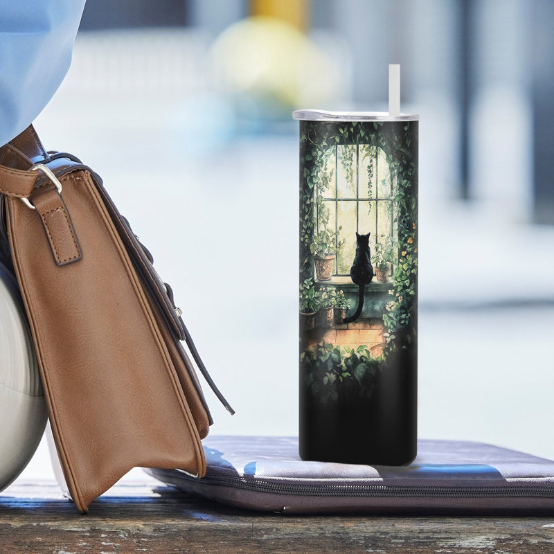 20 oz Gobelet à double paroi en acier inoxydable isolé sous vide avec couvercle et paille, chat rétro près de la fenêtre