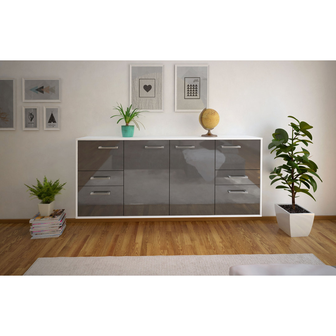 Sideboard Babrow, Farbe: Rot/Weiß, Fliegend/Metallgriffe, Größe: 180x79x35 cm